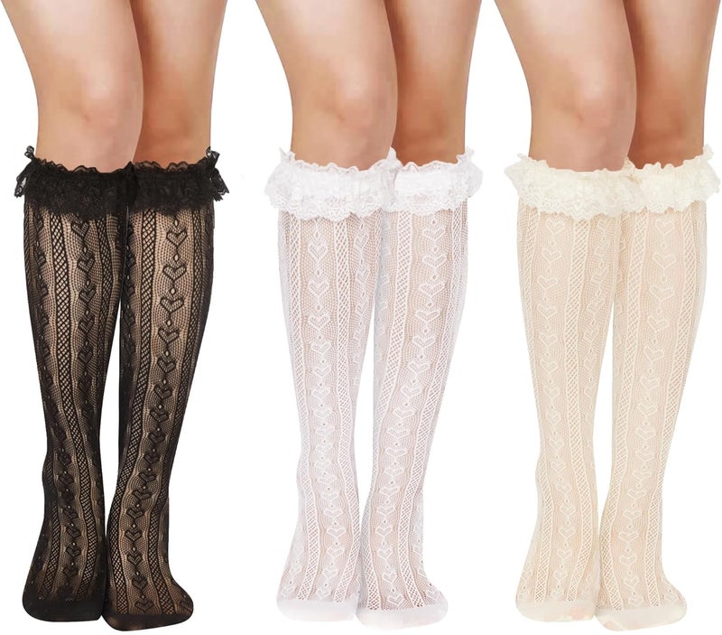 Benefeet Sox Lace Fishnet Knee High Socks Women Girls Ruffle Mesh Knee Highs Lolita Socks Fishnet Stockings - Image 1